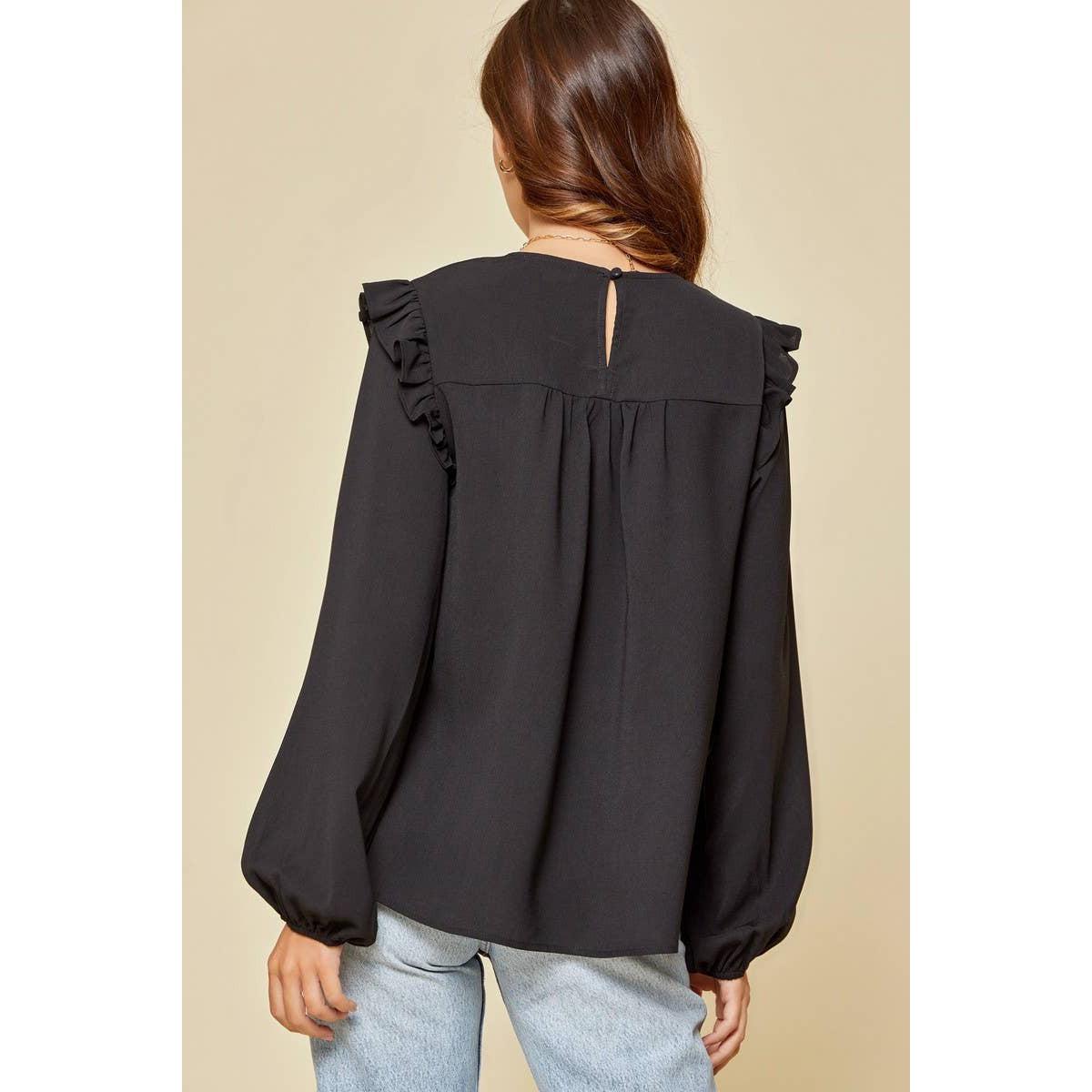 Casual Black Ruffle Blouse