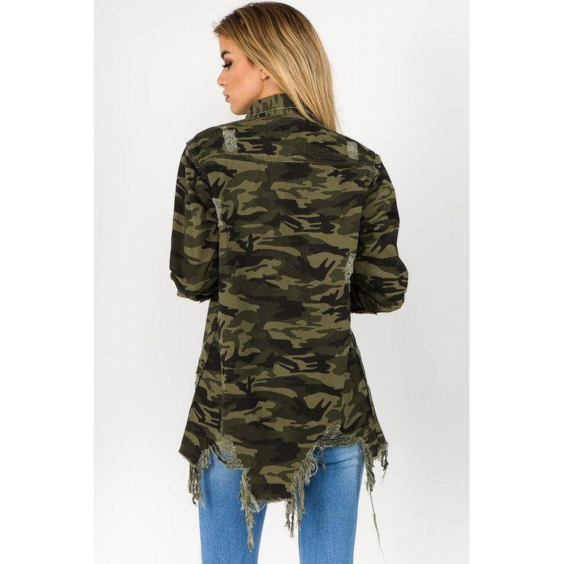 Camo Distressed Denim Shirt Jacket