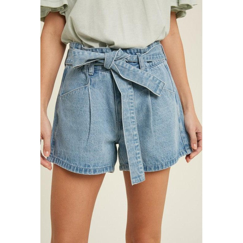 Belted Light Denim Shorts