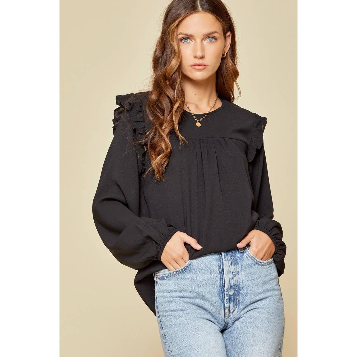 Casual Black Ruffle Blouse