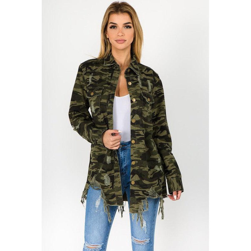 Camo Distressed Denim Shirt Jacket