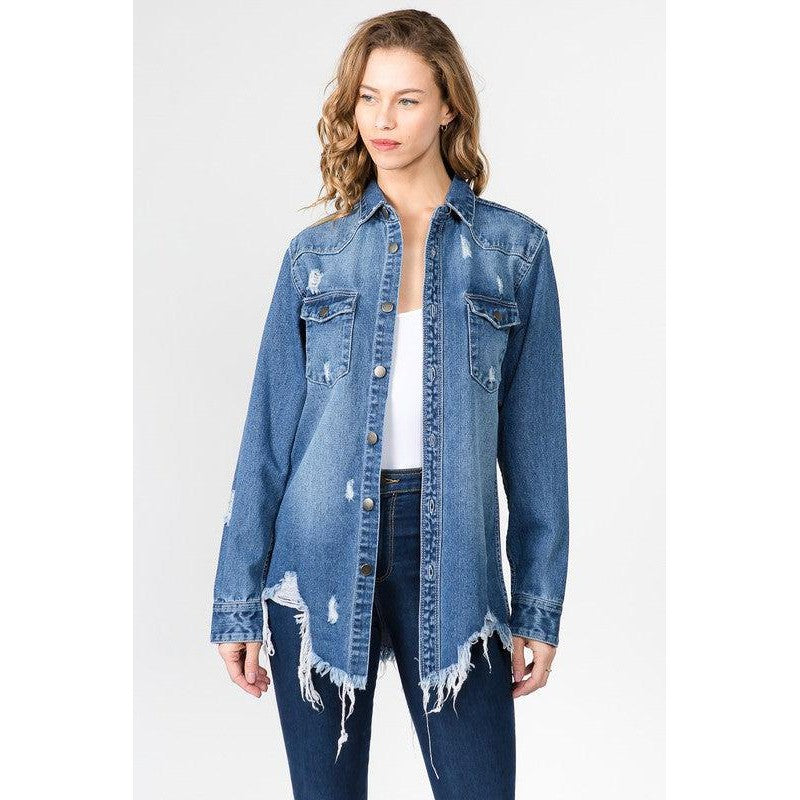 Blue Distressed Denim Shirt Jacket