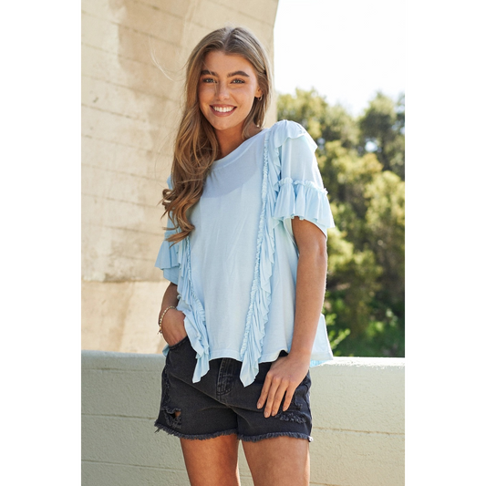 J. NNA Baby blue Ice Crew Fringe Tee