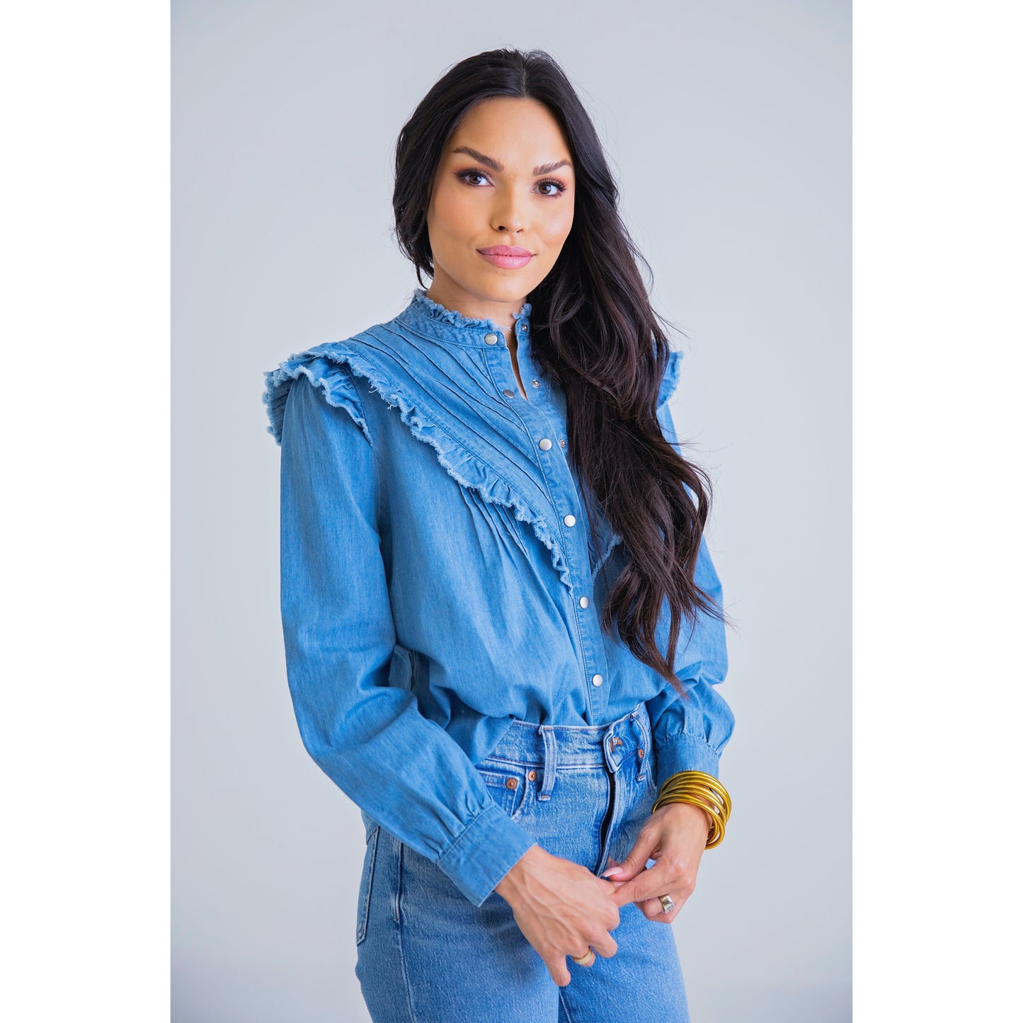 Denim Ruffle Snap Shirt