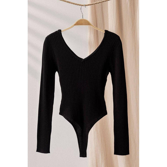 Black Basic Rib V-Neck Bodysuit