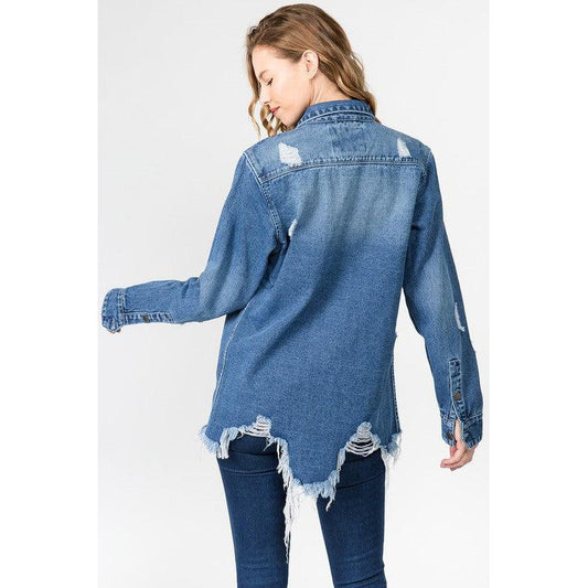 Blue Distressed Denim Shirt Jacket