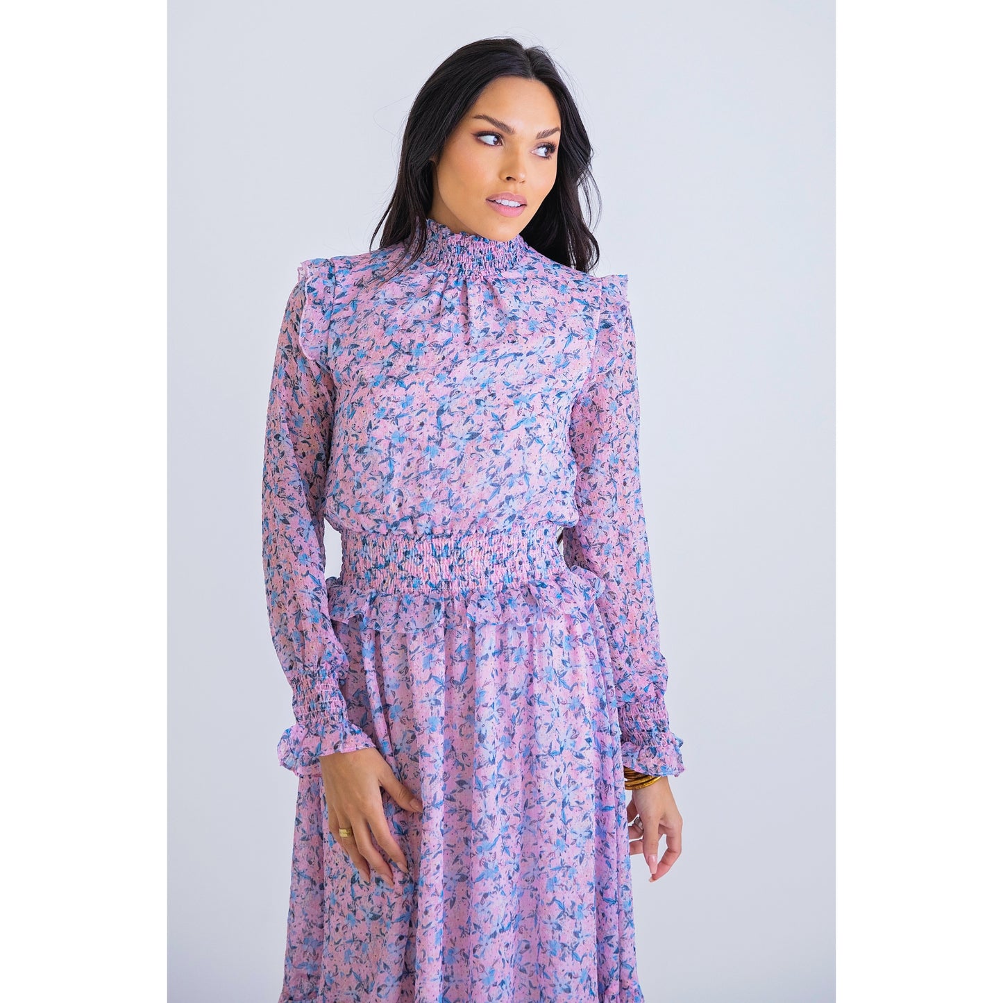 Ditzy Floral Smock Neck Midi Dress