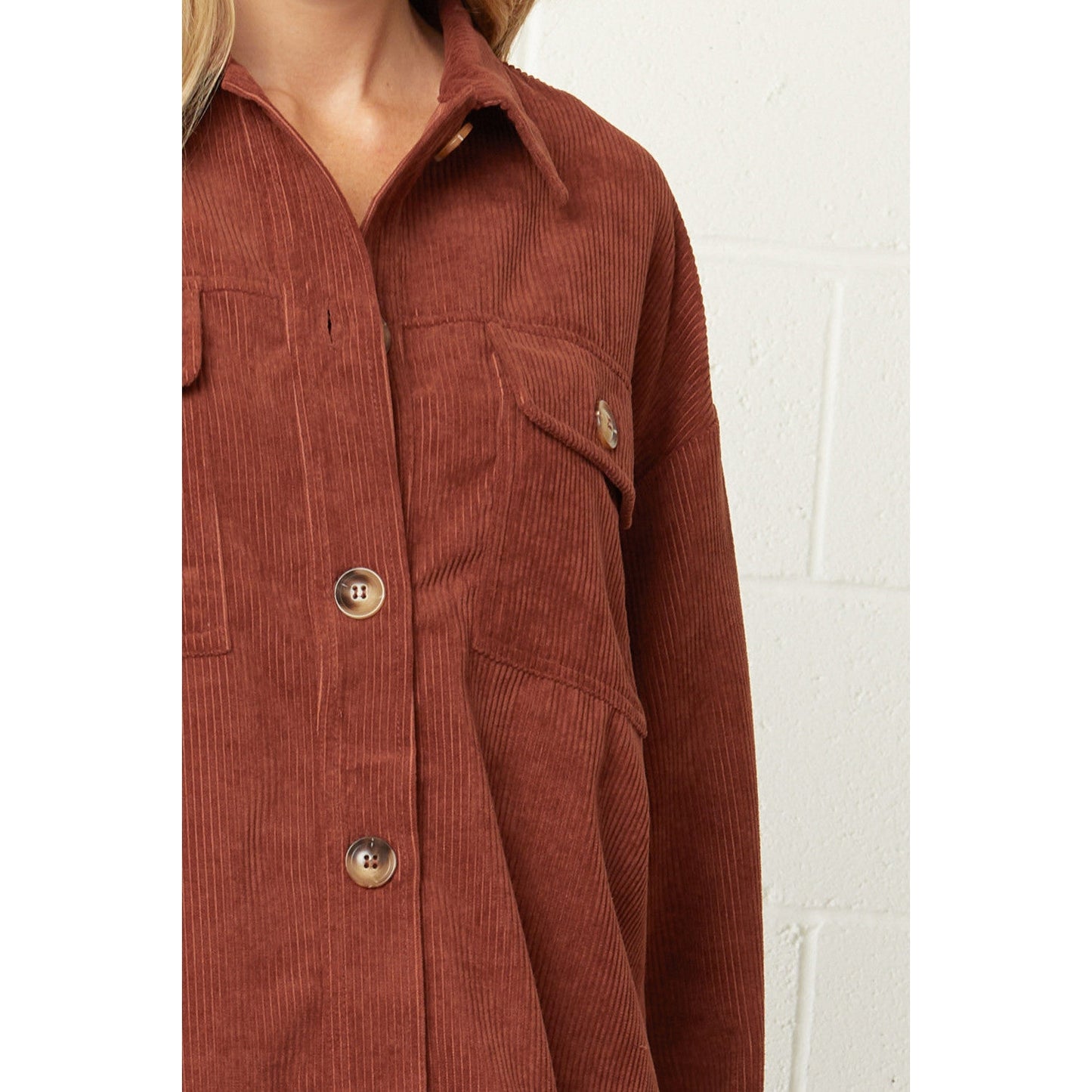 Solid Brown Corduroy Button Front Top