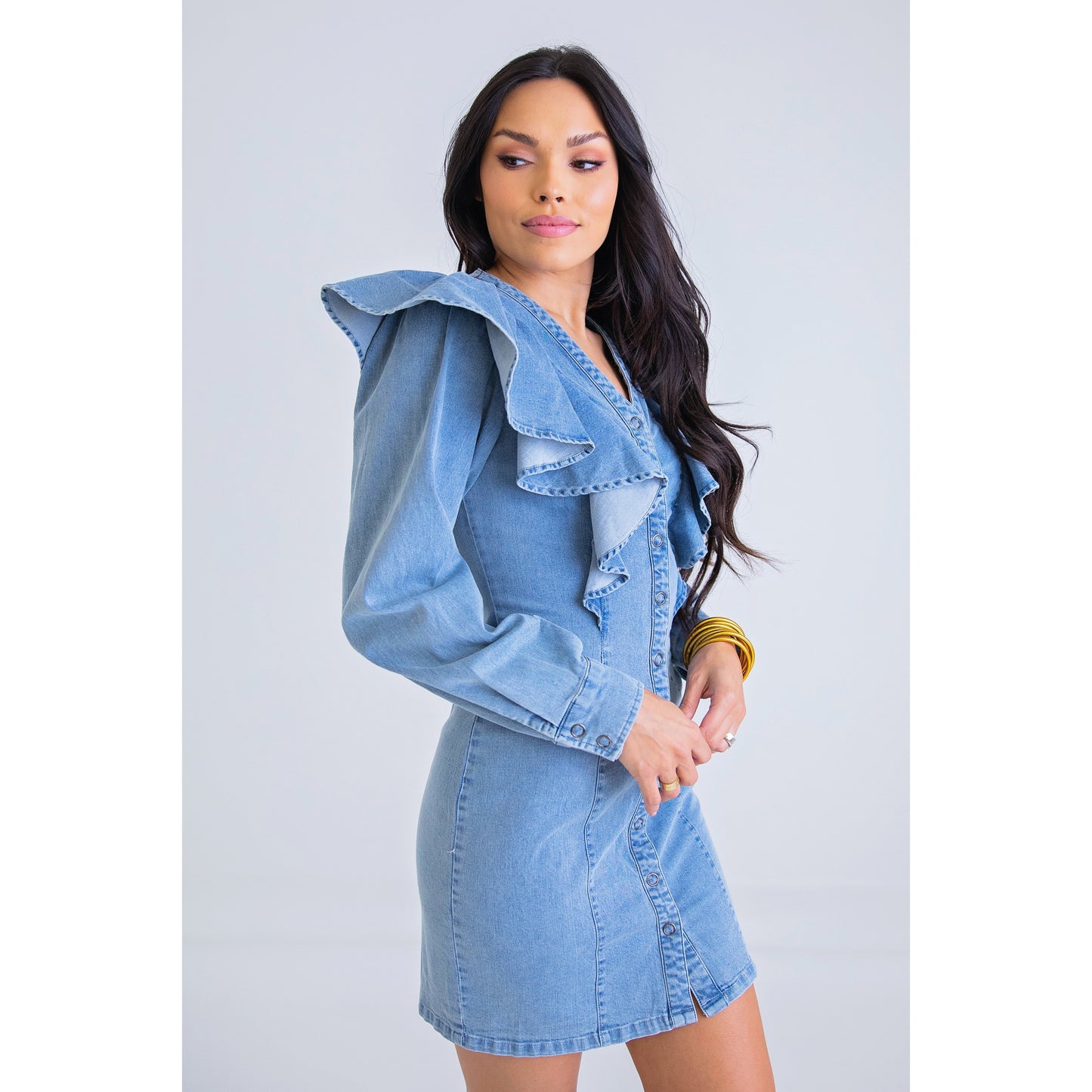 Denim Button Ruffle Dress