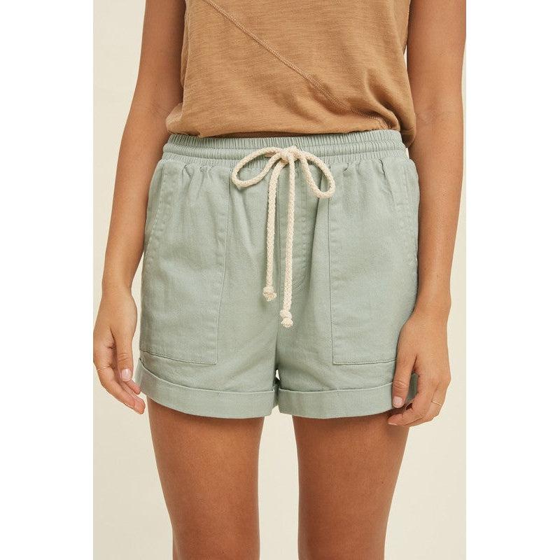 Twill Cuffed Drawstring Shorts in Dark Sage