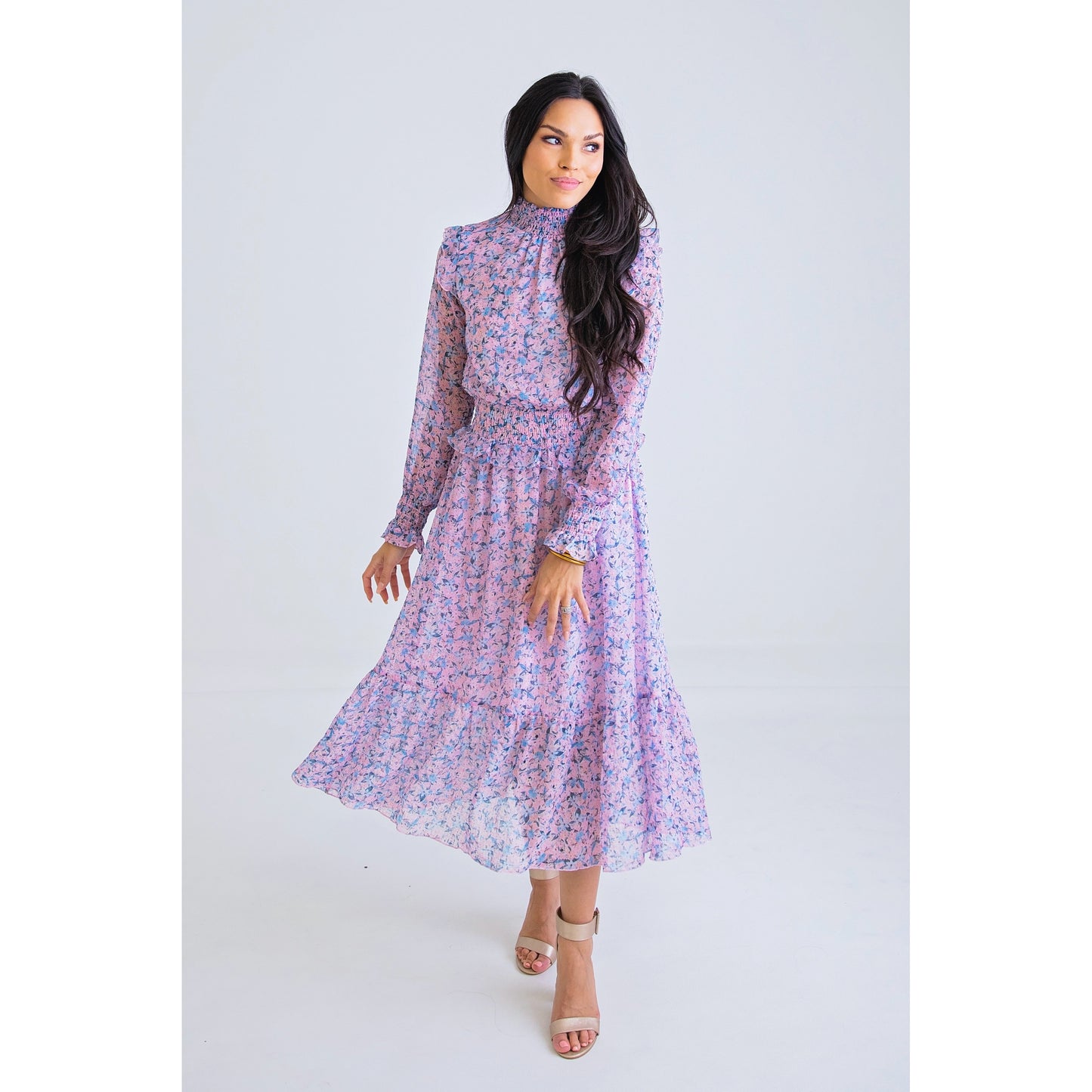 Ditzy Floral Smock Neck Midi Dress