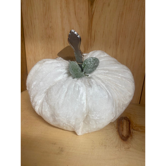 One of Kind White Velvet Pumpkin with Green Leaf Small