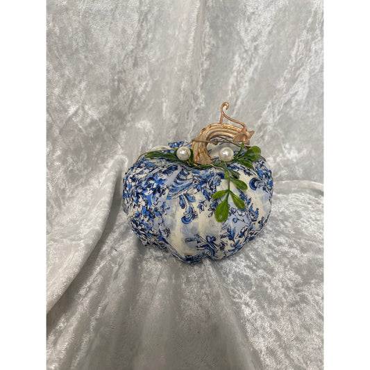 One of a Kind Fabric Decoupage Pumpkin in Light Chinoiserie with Green Leaves Mini A