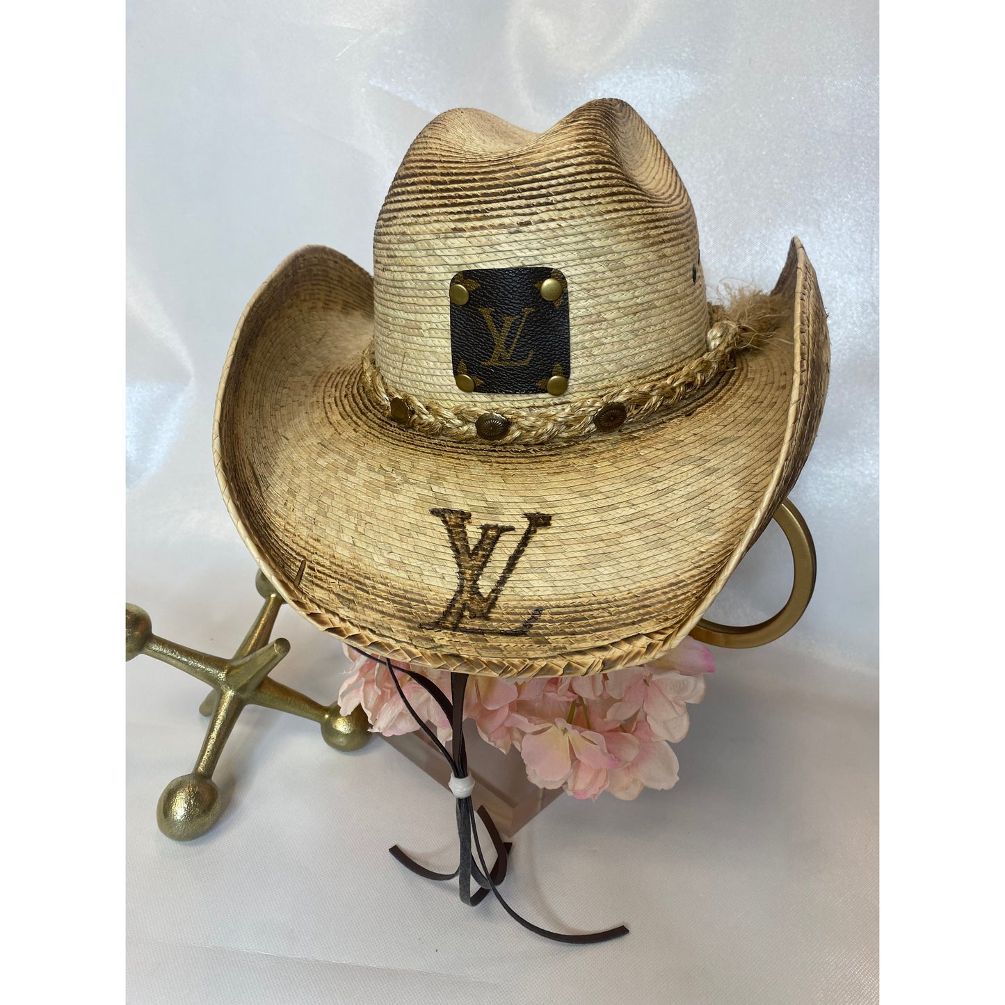 Anagails Upcycled Louis Vuitton Patch Tan Bali Straw Hat