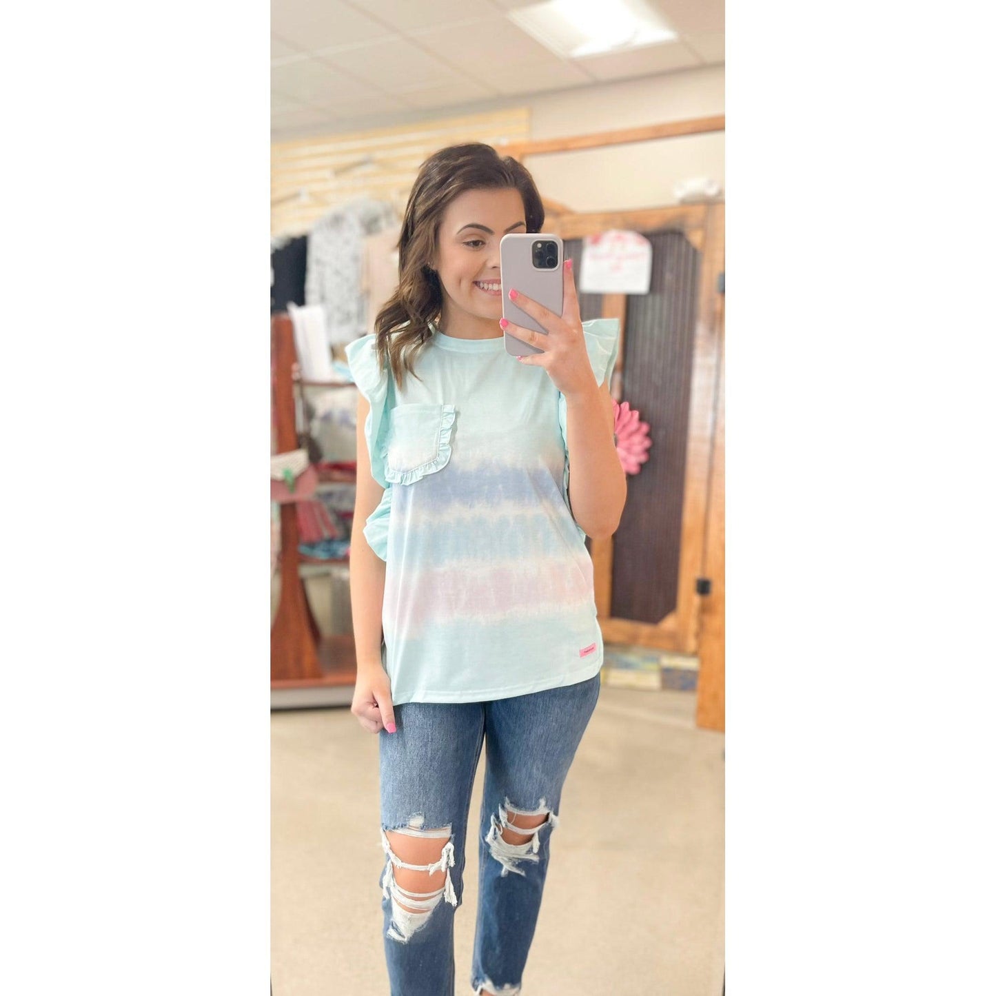 Tie Dye Ruffle Shirt in Blue