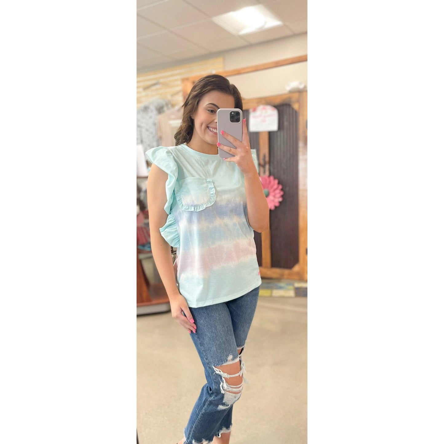 Tie Dye Ruffle Shirt in Blue