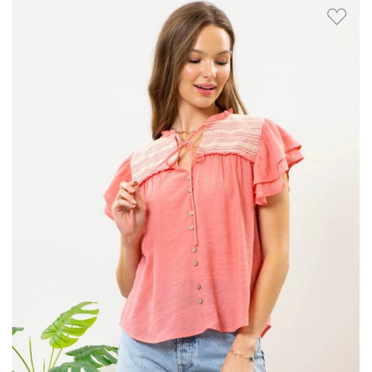 Coral Contrast Embroidered Top