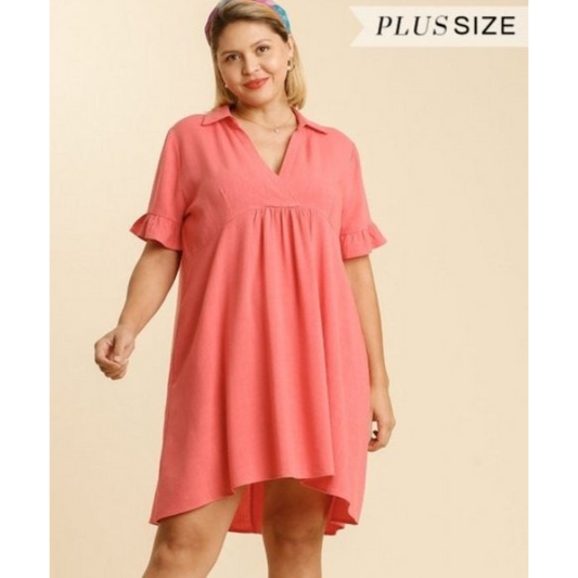 Curvy Coral Ruffle Sleeve Dress