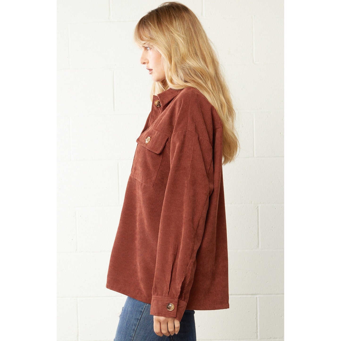 Solid Brown Corduroy Button Front Top