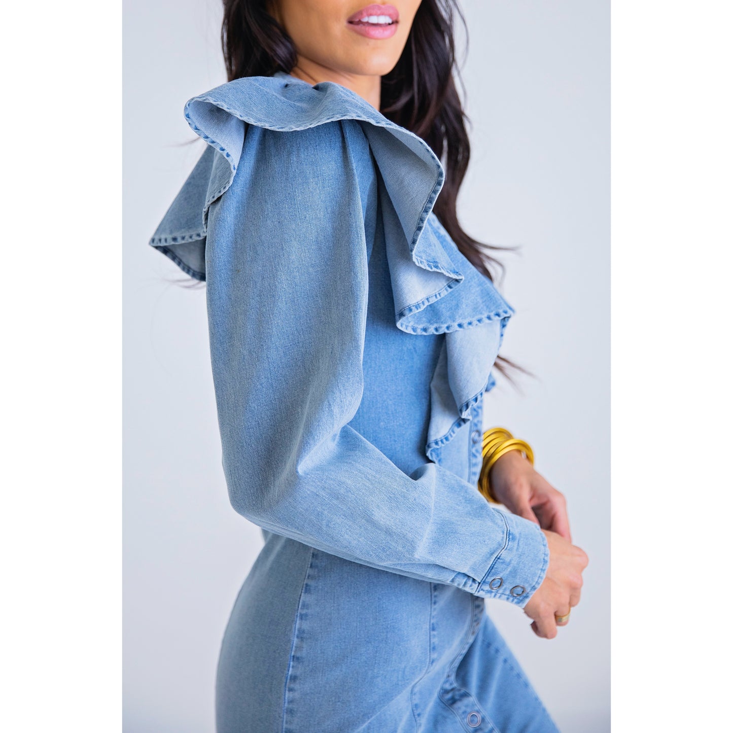 Denim Button Ruffle Dress