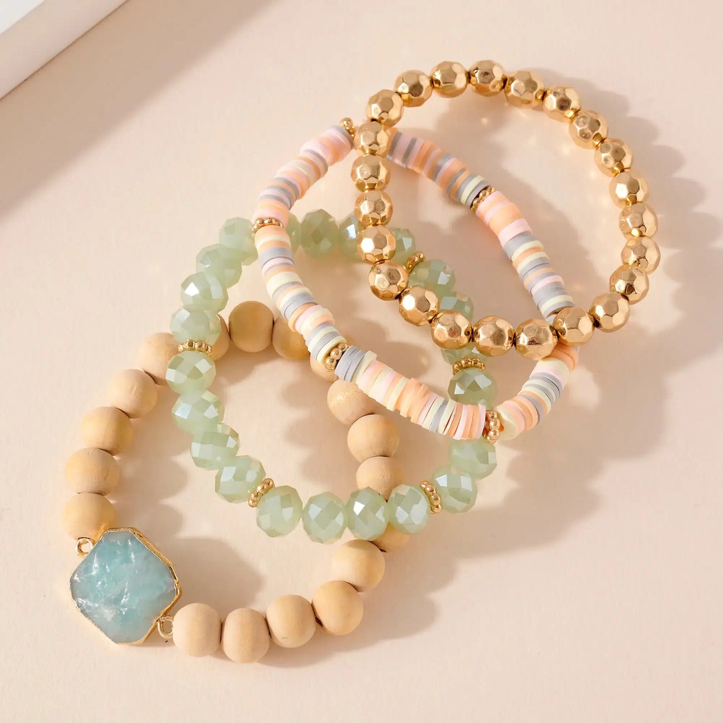 Stone Glass Beaded Bracelet Set in Mint/Pink